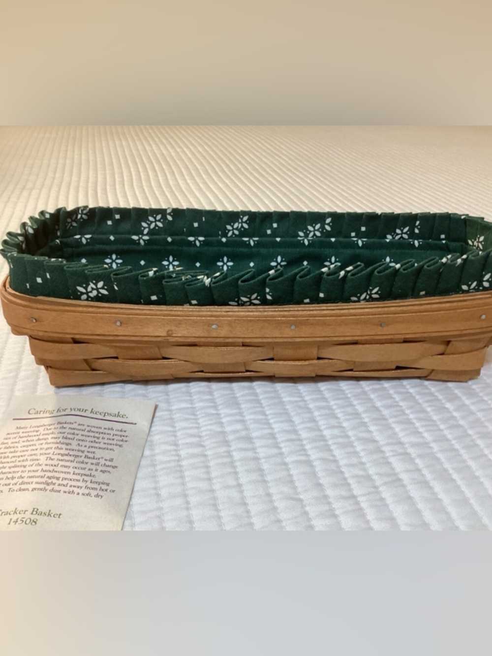 NWT LONGABERGER Green and Brown Bread Basket with Patterned Liner and Handles - Picture 8 of 10